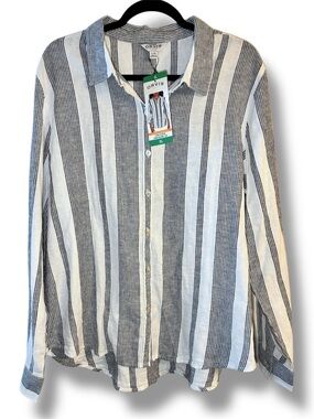 🌿 Orvis Linen Blend Button Down Shirt XL Striped Roll Tab Sleeve NWT